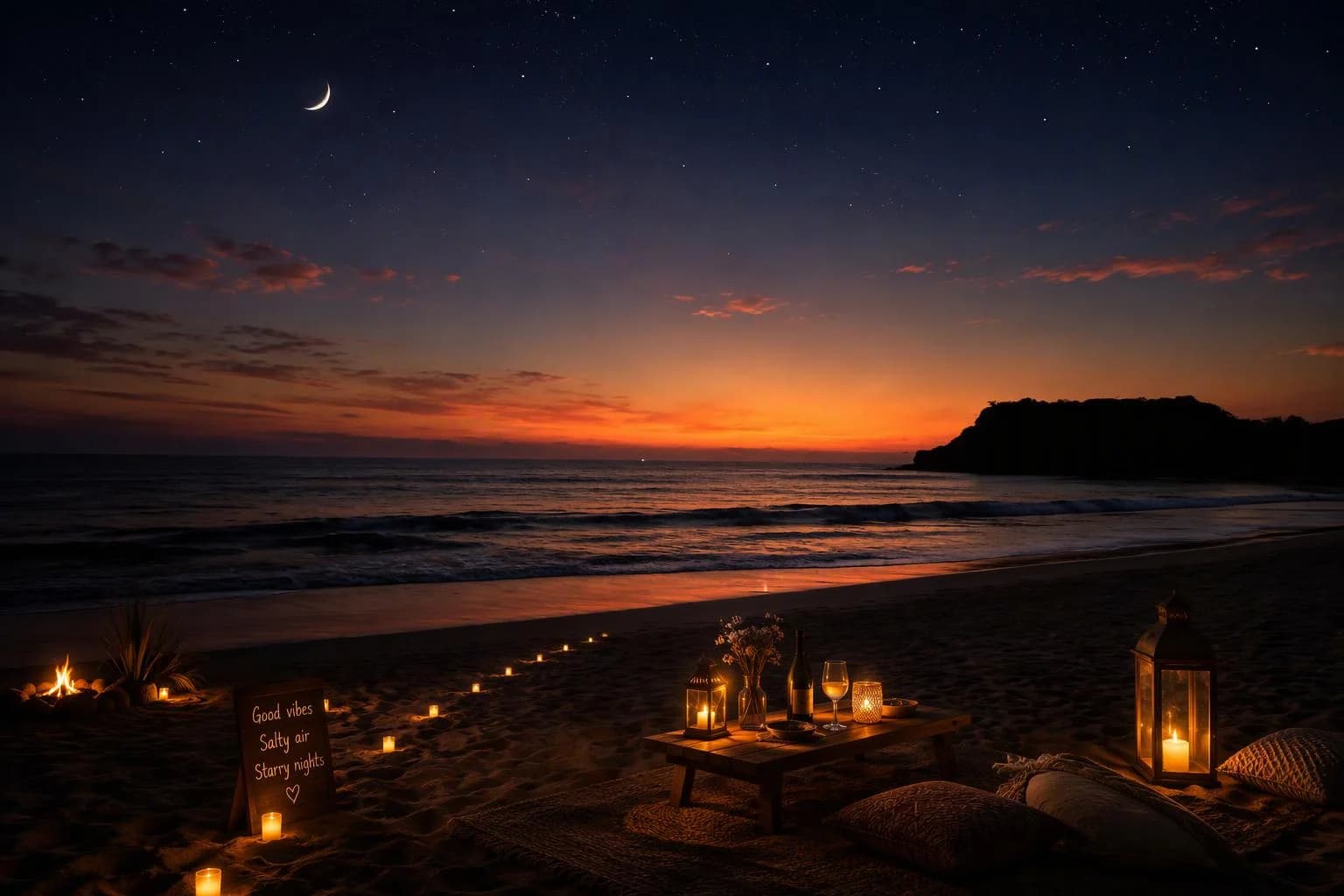 An edited beach scene with lanterns, a crescent moon, and a glowing sunset.